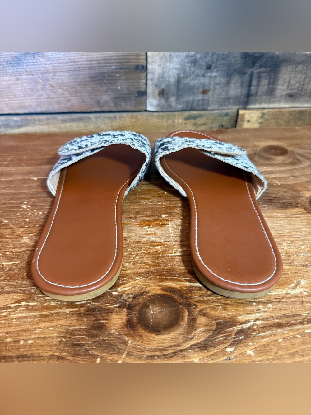 Cowhide Slide Sandals with Adjustable Velcro Strap. Fit like a 10/11. - Picture 3 of 8